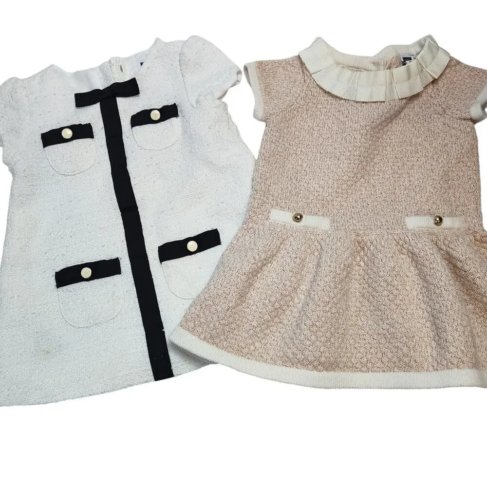 Janie and Jack Baby Girl Dresses 6-12M Tweed Pink White Bundle Set